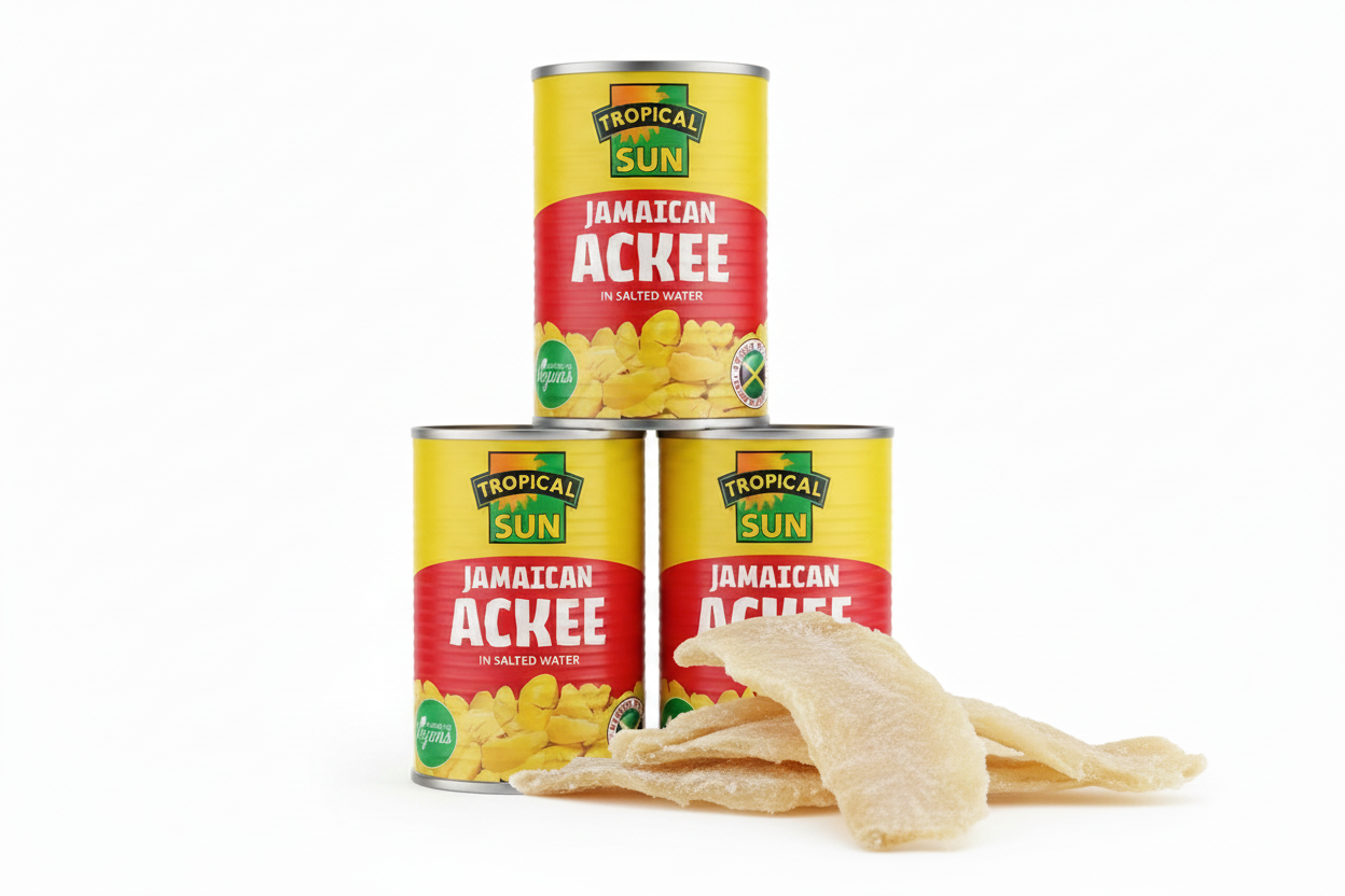 3 Ackee cans with larger saltfish