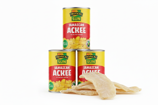 3 Ackee cans with larger saltfish