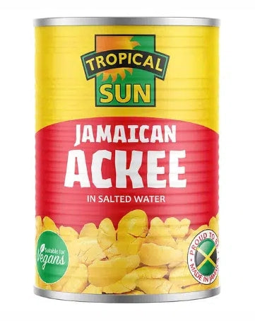 Ackee and saltfish served with dumplings and plantains