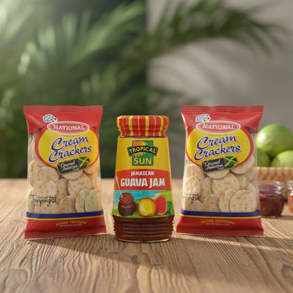 Tropical Sun Guava Jam & 2 Cream Crackers with background